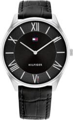 Tommy Hilfiger Men's Quartz Stainless Steel Case and Leather Strap Watch, Color: Black (Model: 1710516), Black