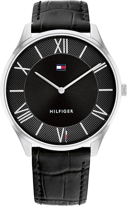Tommy Hilfiger Men's Quartz Stainless Steel Case and Leather Strap Watch, Color: Black (Model: 1710516), Black